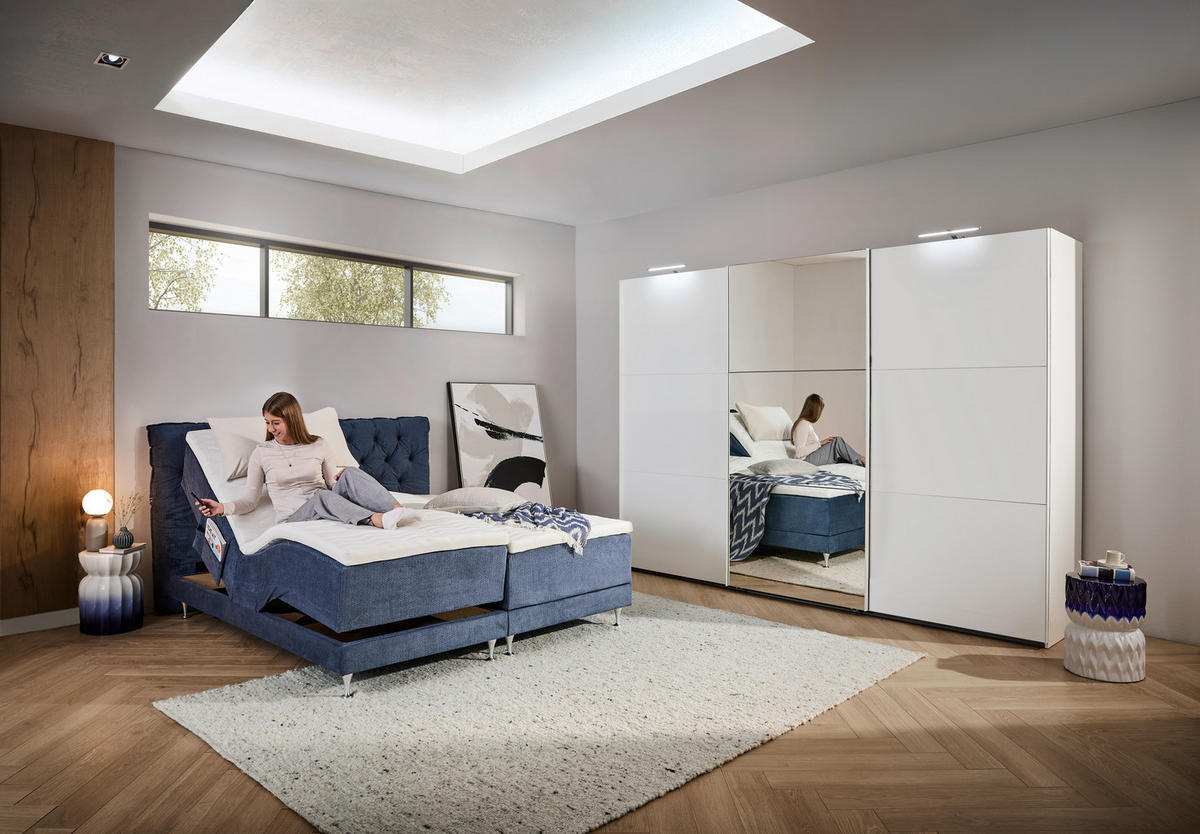 BOXSPRINGBETT 180/200 cm,  in Blau, Matratze, Lattenrost, Topper, H3 + H5 = fest + hart  - Blau/Alufarben, Basics, Textil/Metall (180/200cm) - Welnova