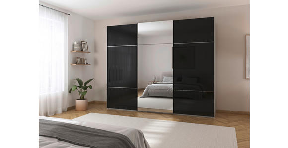 SCHWEBETÜRENSCHRANK 301/223/68 cm 3-türig Grau, Schwarz - Chromfarben/Schwarz, KONVENTIONELL, Glas/Holzwerkstoff (301/223/68cm) - Novel