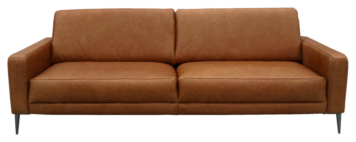 3,5-SITZER Echtleder Cognac  - Cognac/Schwarzchrom, Design, Leder/Metall (207/85/92cm) - Livetastic