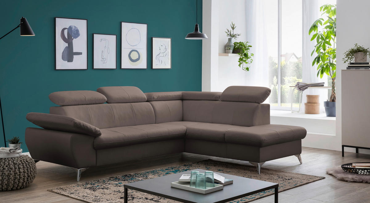 ECKSOFA Braun Lederlook  - Chromfarben/Braun, KONVENTIONELL, Textil/Metall (256/209cm) - Livetastic