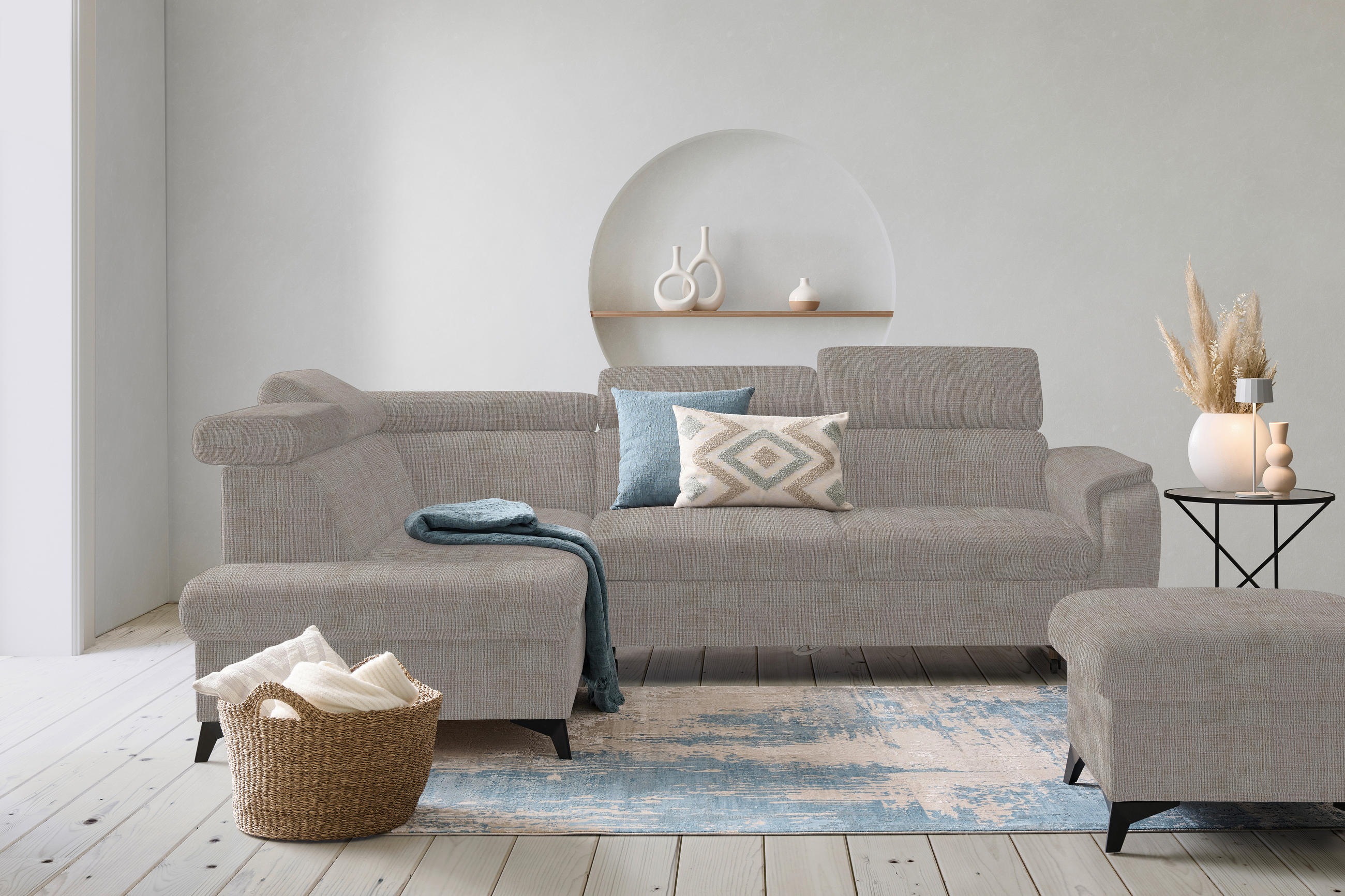 ECKSOFA in Flachgewebe Hellgrau  - Hellgrau/Schwarz, Design, Textil/Metall (203/260cm) - Stylife