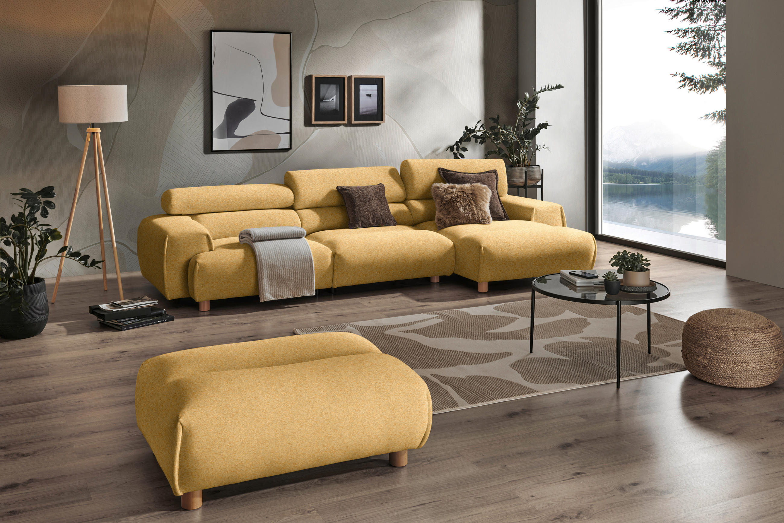 ECKSOFA in Velours Currygelb  - Currygelb/Buchefarben, Design, Holz/Textil (329/150cm) - Lomoco