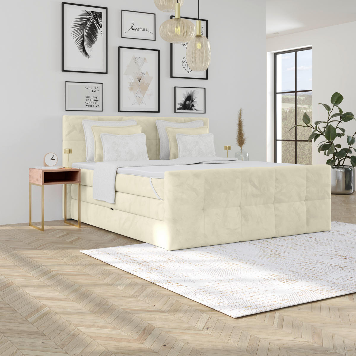 BOXSPRINGBETT 160/200 cm,  in Champagner, gepolstertes Kopfteil, Bettkasten, Topper, Matratzen, H4 + H4 = sehr fest  - Champagner, KONVENTIONELL, Holz/Holzwerkstoff (160/200cm) - Luca Bessoni