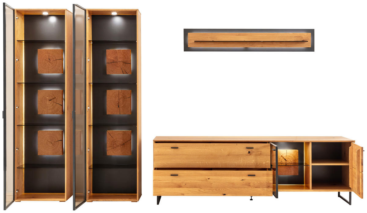 WOHNWAND  in Wildeiche 359/206/50 cm  - Wildeiche/Schwarz, Design, Glas/Holz (359/206/50cm) - MID.YOU