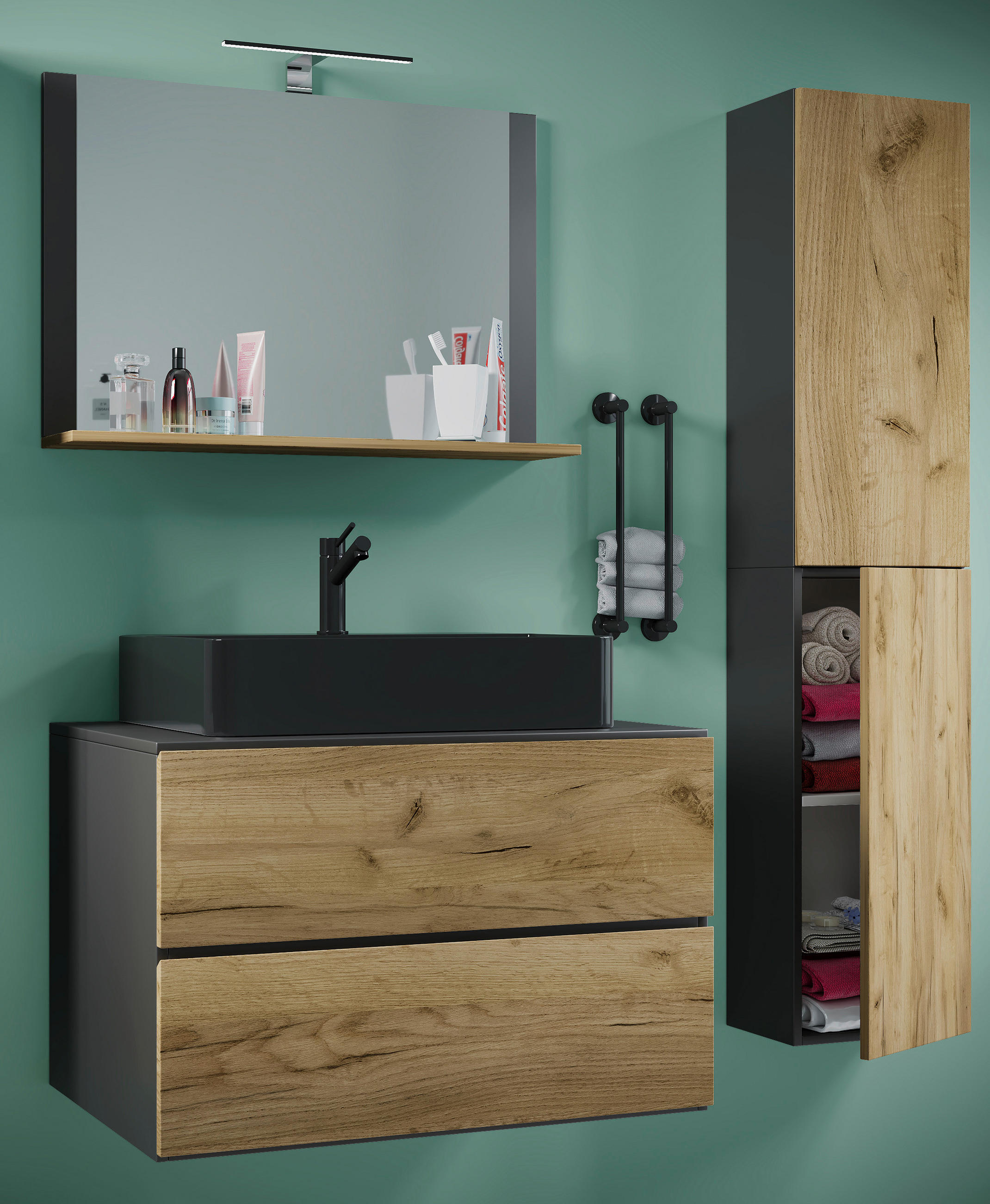 BADEZIMMER 4-teilig  in 94 cm  - Honigeiche/Anthrazit, MODERN, Glas/Keramik (94cm) - MID.YOU