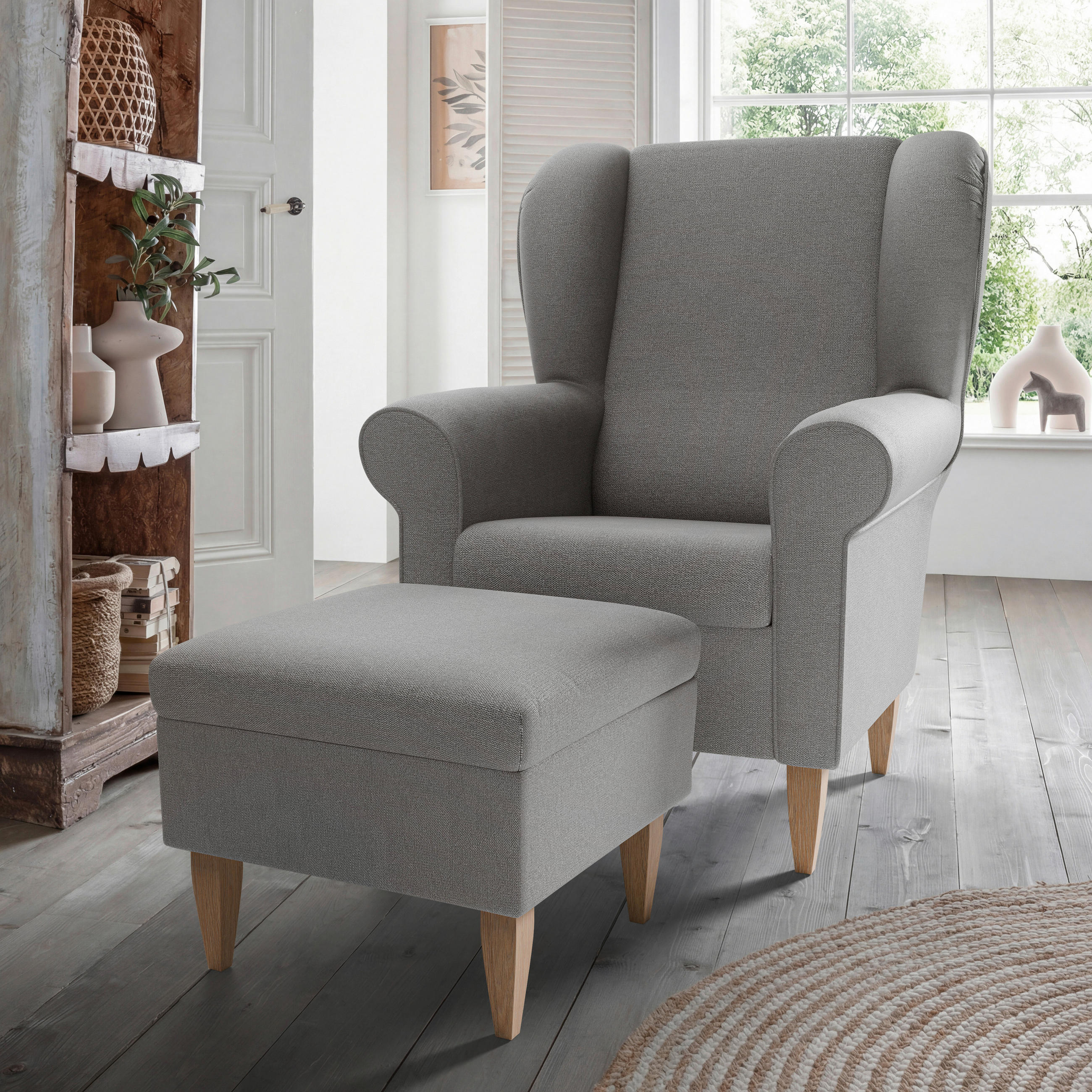 SESSELSET ASINO Struktur Hocker    - Naturfarben/Grau, KONVENTIONELL, Holz/Textil (80/102/86cm) - Livetastic