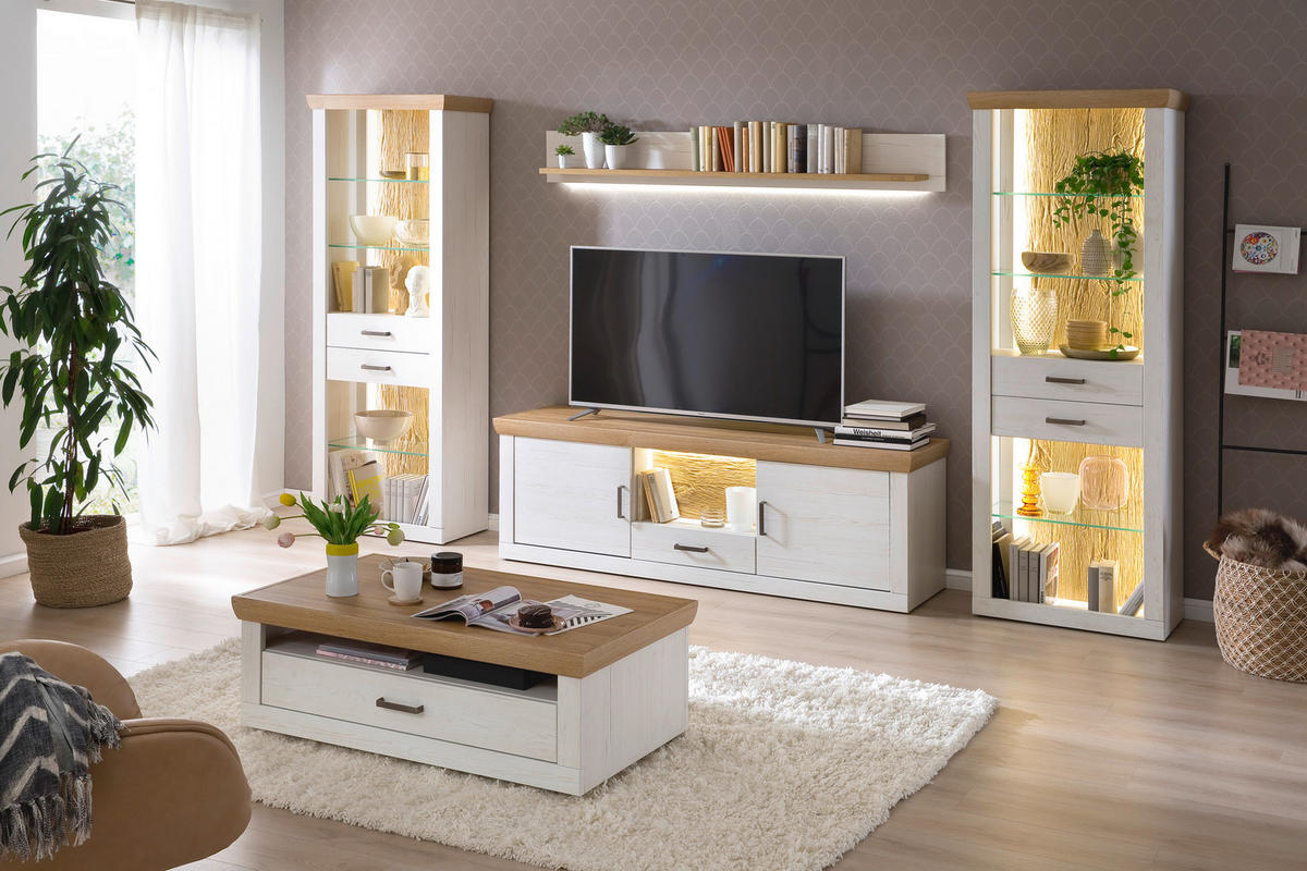 WOHNWAND  in Eichefarben, Pinienfarben  343/205/50 cm  - Eichefarben/Graphitfarben, Design, Glas/Holzwerkstoff (343/205/50cm) - MID.YOU