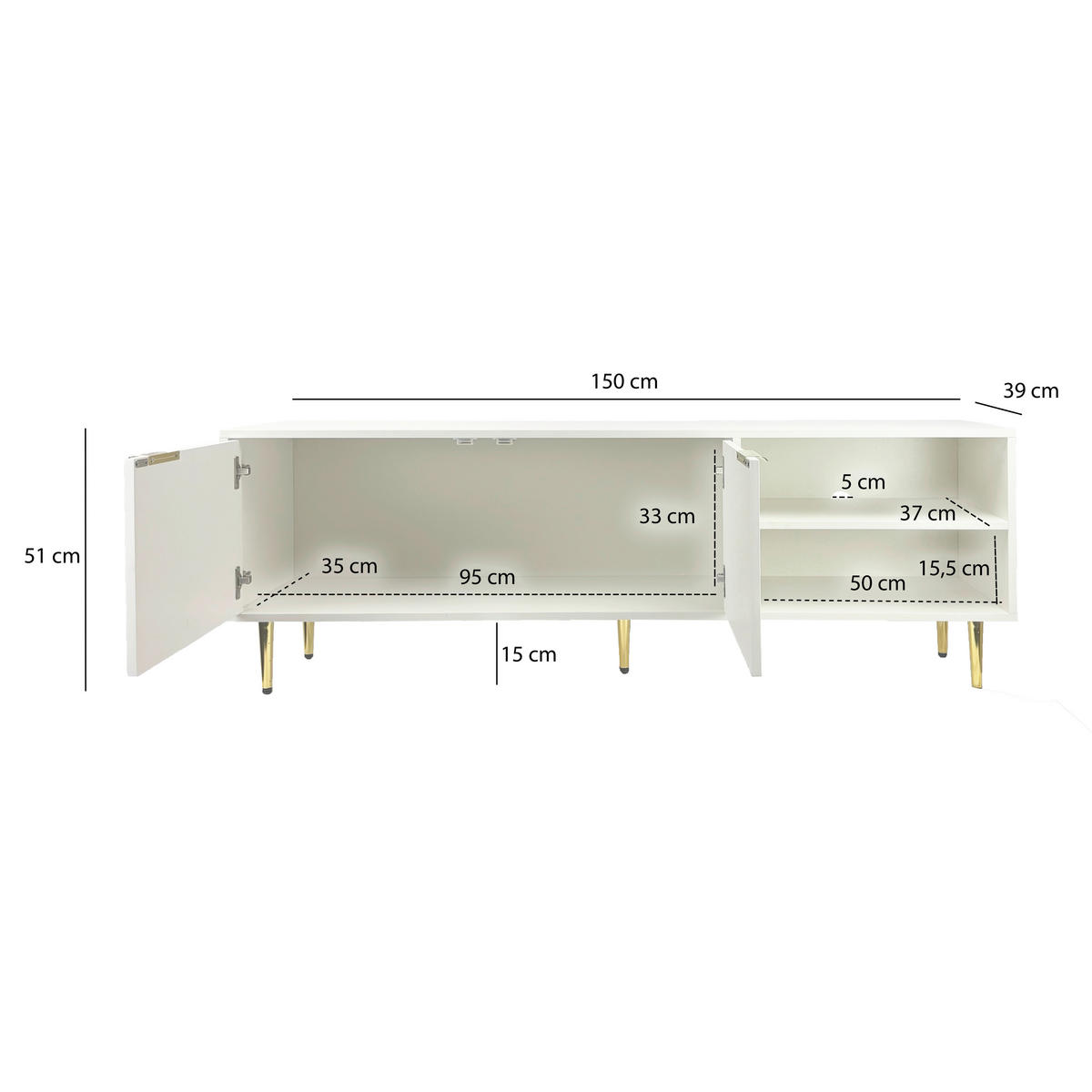 TV-BÄNK  150/39/51 cm  stående  - vit/guldfärgad, Design, metall/trämaterial (150/39/51cm) - Livetastic