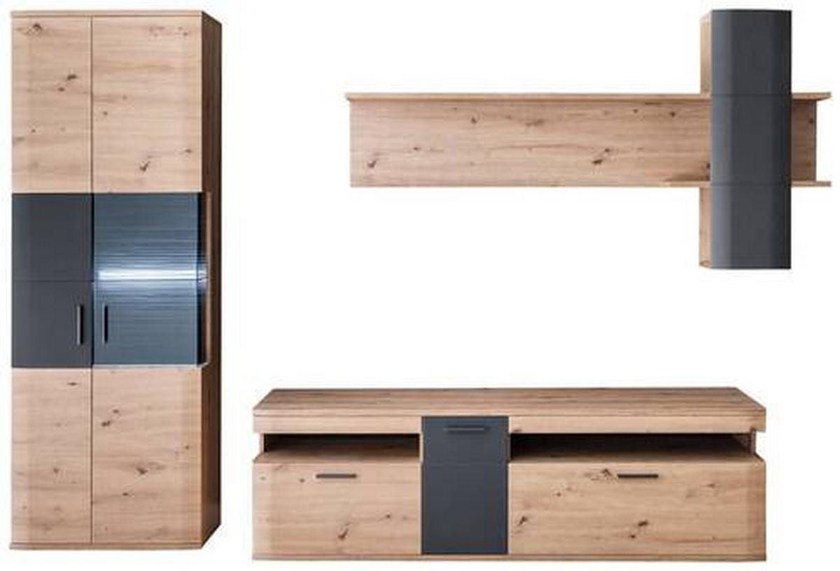 WOHNWAND Kigali  in Anthrazit, Klar, Eichefarben  290/198/50 cm  - Klar/Eichefarben, Design, Glas/Holzwerkstoff (290/198/50cm) - Livetastic
