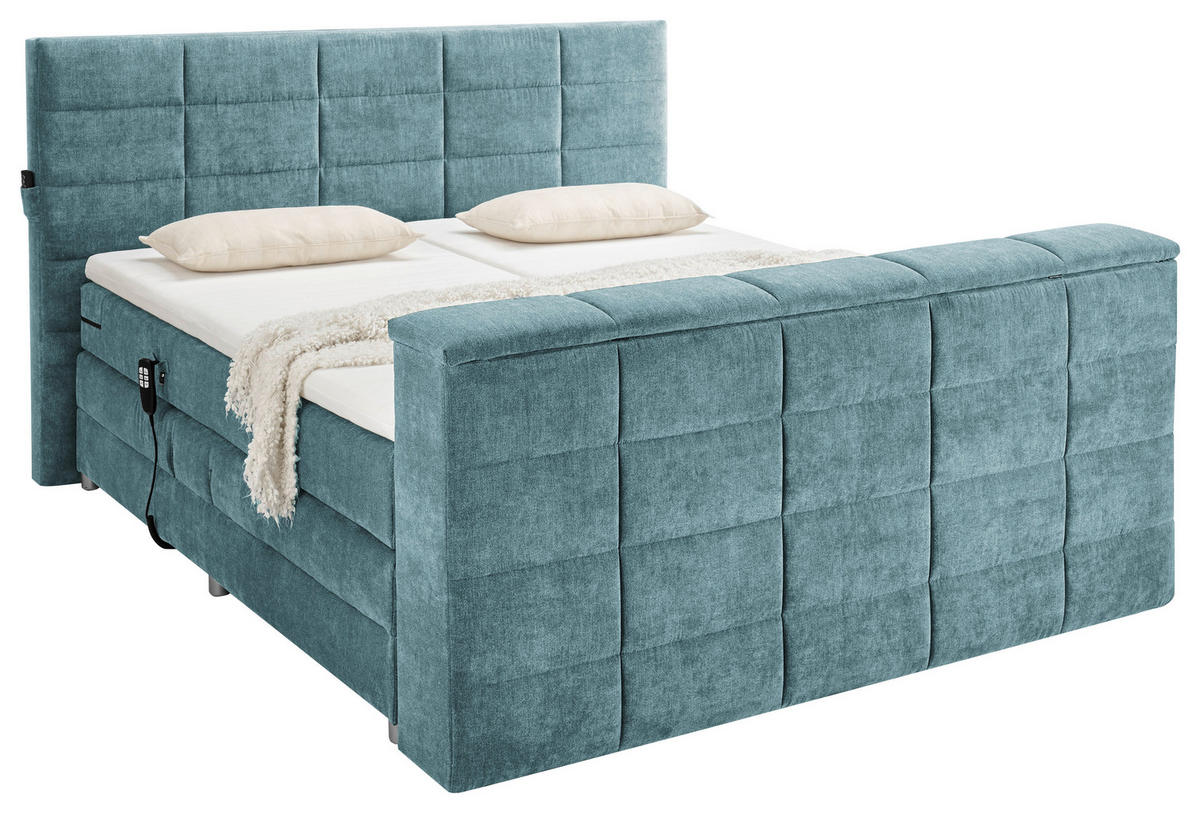 BOXSPRINGBETT 180/200 cm,  in Petrol, Matratze, Topper, motorische Verstellbarkeit, Fernbedienung, unterschiedliche Matratzenhärtegrade je Bettseite, Wendematratze mit unterschiedlichen Härtegraden, H2 + H3 = mittel + fest  - Petrol, KONVENTIONELL, Textil (180/200cm) - Boxxx