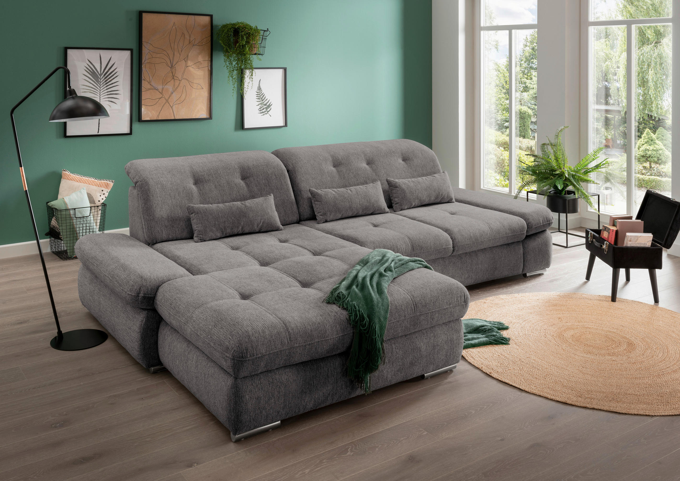 ECKSOFA Graubraun Chenille  - Chromfarben/Graubraun, Design, Textil/Metall (196/300cm) - Livetastic
