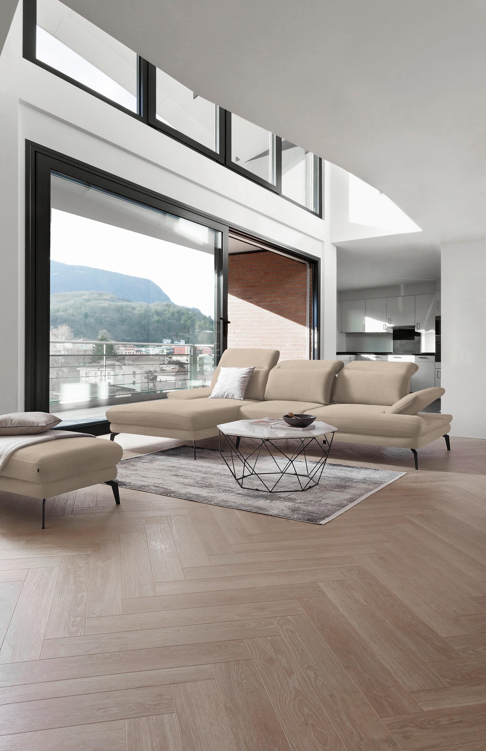 ECKSOFA in Chenille Creme  - Creme/Schwarz, Design, Textil/Metall (180/289cm) - Stylife