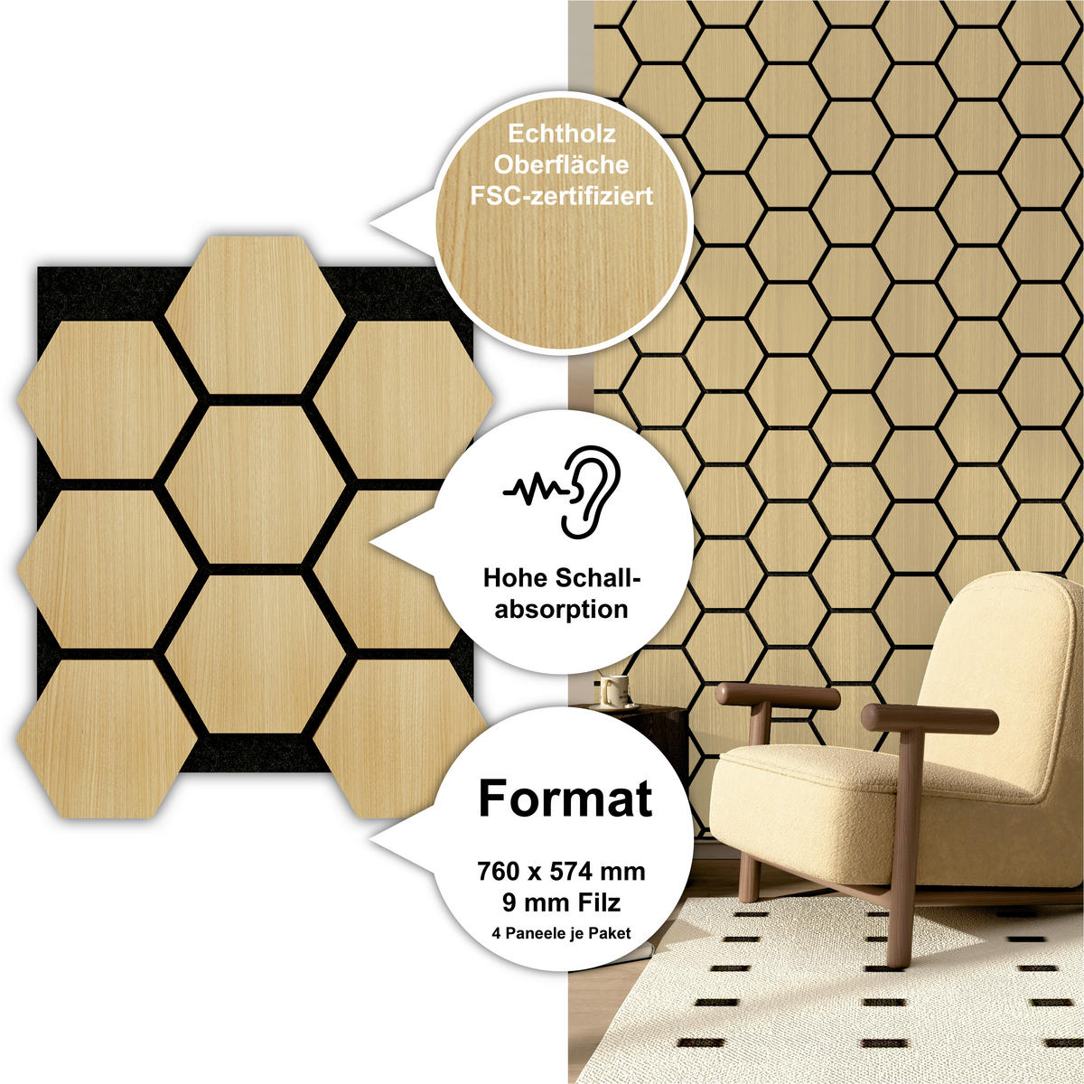 AKUSTIKPANEEL teilmassiv Sonido Hexagon  - Hellbraun/Eichefarben, KONVENTIONELL, Holzwerkstoff/Kunststoff (76/57.4/1.8cm) - Novel