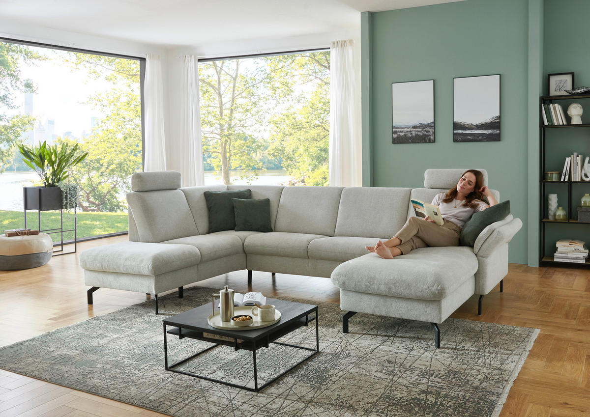 WOHNLANDSCHAFT Flachgewebe Ecru  - Ecru/Schwarz, Konventionell, Textil/Metall (190/307/170cm) - Beldomo Comfort