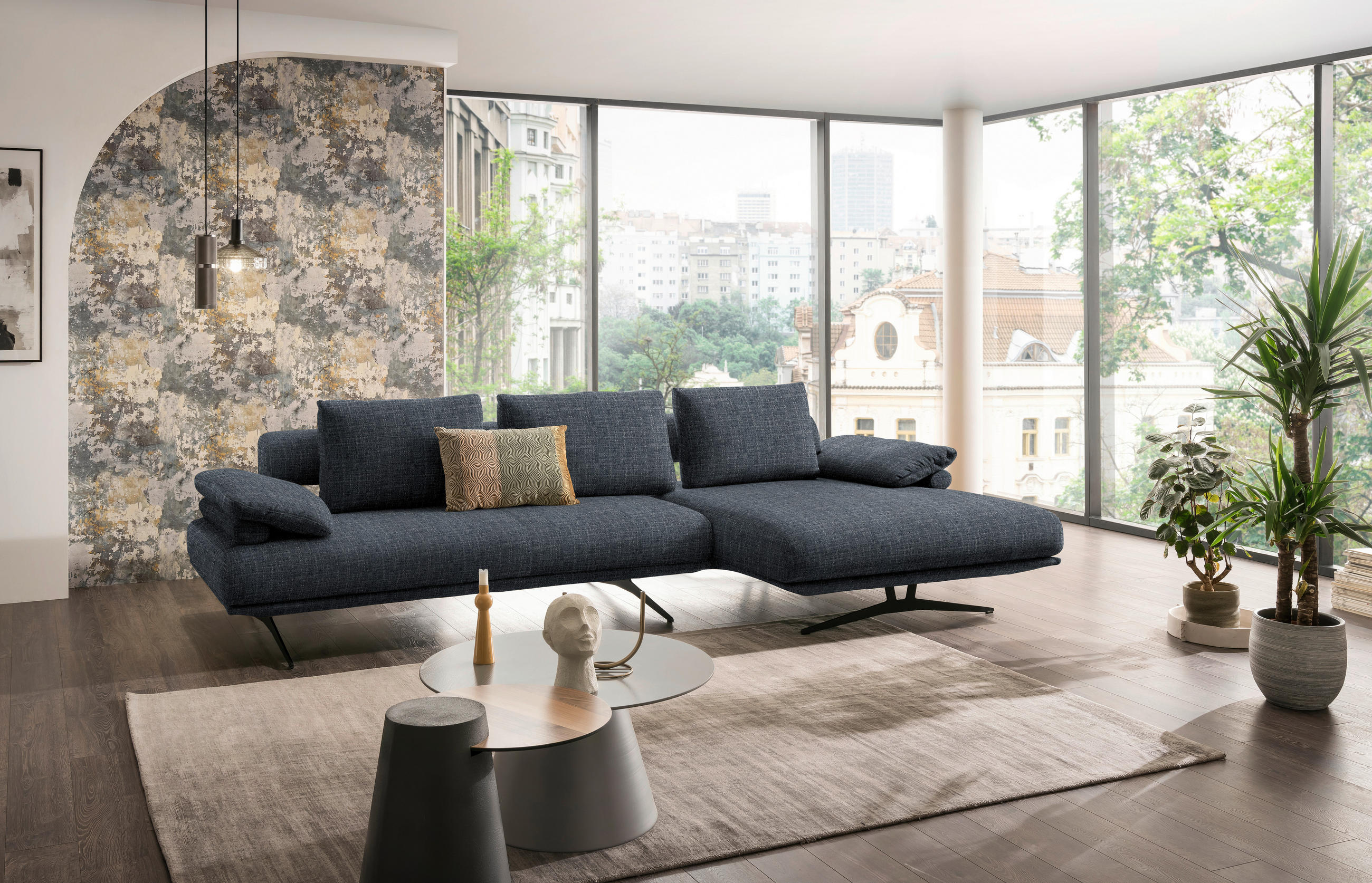 ECKSOFA in Chenille Dunkelblau  - Schwarz/Dunkelblau, Design, Textil/Metall (334/168cm) - Dieter Knoll