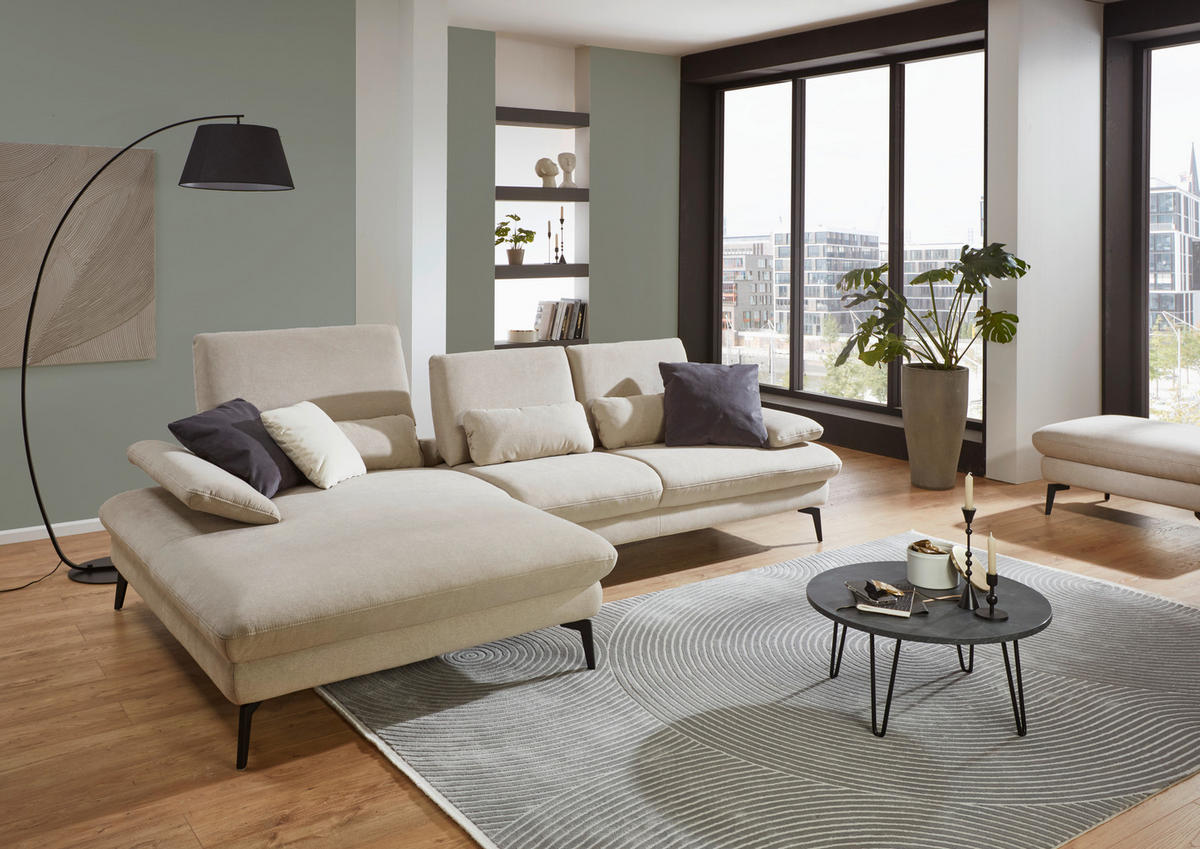 ECKSOFA in Mikrofaser, Chenille Ecru  - Ecru/Schwarz, Design, Textil/Metall (157/299cm) - Dieter Knoll