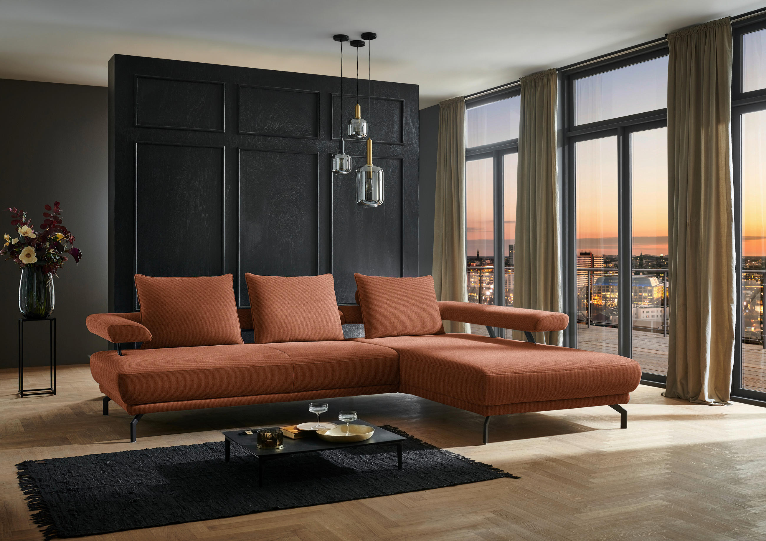 ECKSOFA in Chenille Rostfarben  - Rostfarben/Schwarz, Design, Textil/Metall (305/224cm) - Dieter Knoll