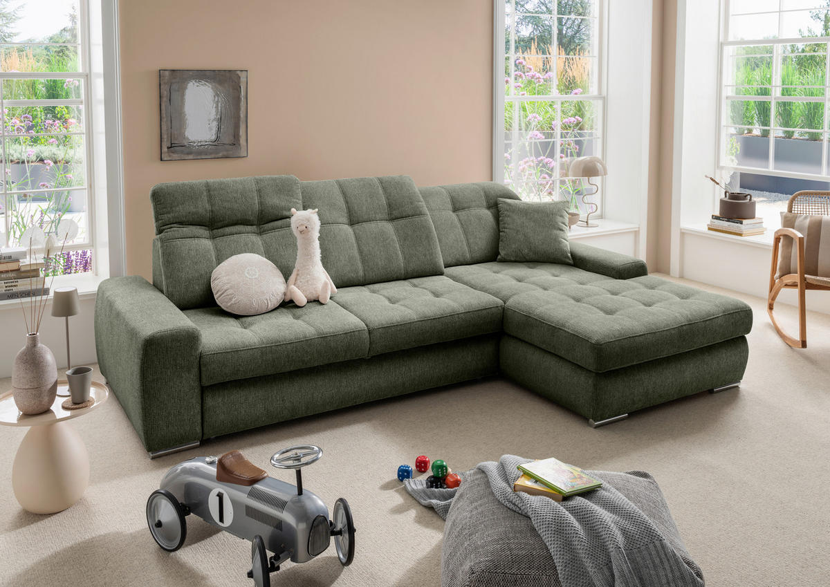ECKSOFA Chenille Dunkelgrün  - Chromfarben/Dunkelgrün, Konventionell, Textil/Metall (283/186cm) - Livetastic