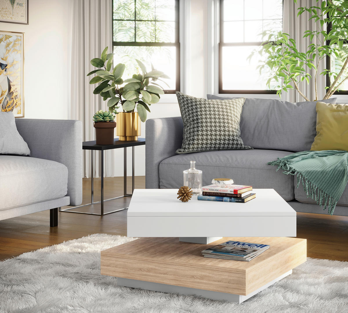 COUCHTISCH 67/67/35 cm quadratisch Weiß, Sonoma Eiche  - Weiß/Sonoma Eiche, Basics, Holzwerkstoff (67/67/35cm) - Boxxx