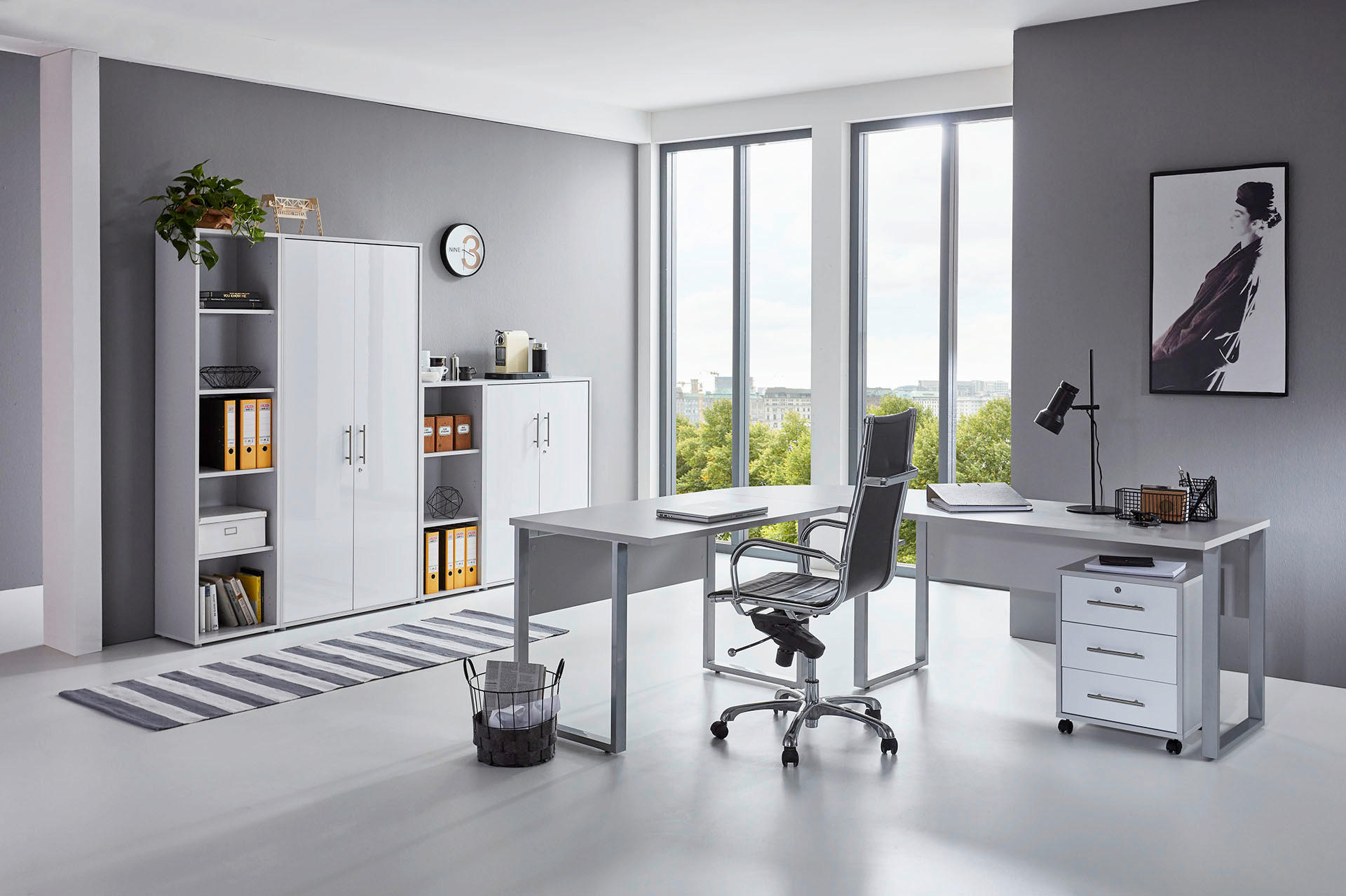 BÜRO erweiterbar, in verschiedenen Holz-Dekoren erhältlich, Schreibtisch seitenverkehrt montierbar, abschließbar Grau, Weiß Hochglanz - Weiß Hochglanz/Grau, MODERN, Holzwerkstoff - MID.YOU