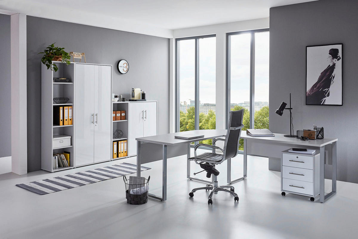 BÜRO erweiterbar, in verschiedenen Holz-Dekoren erhältlich, Schreibtisch seitenverkehrt montierbar, abschließbar Grau, Weiß Hochglanz - Weiß Hochglanz/Grau, MODERN, Holzwerkstoff - MID.YOU