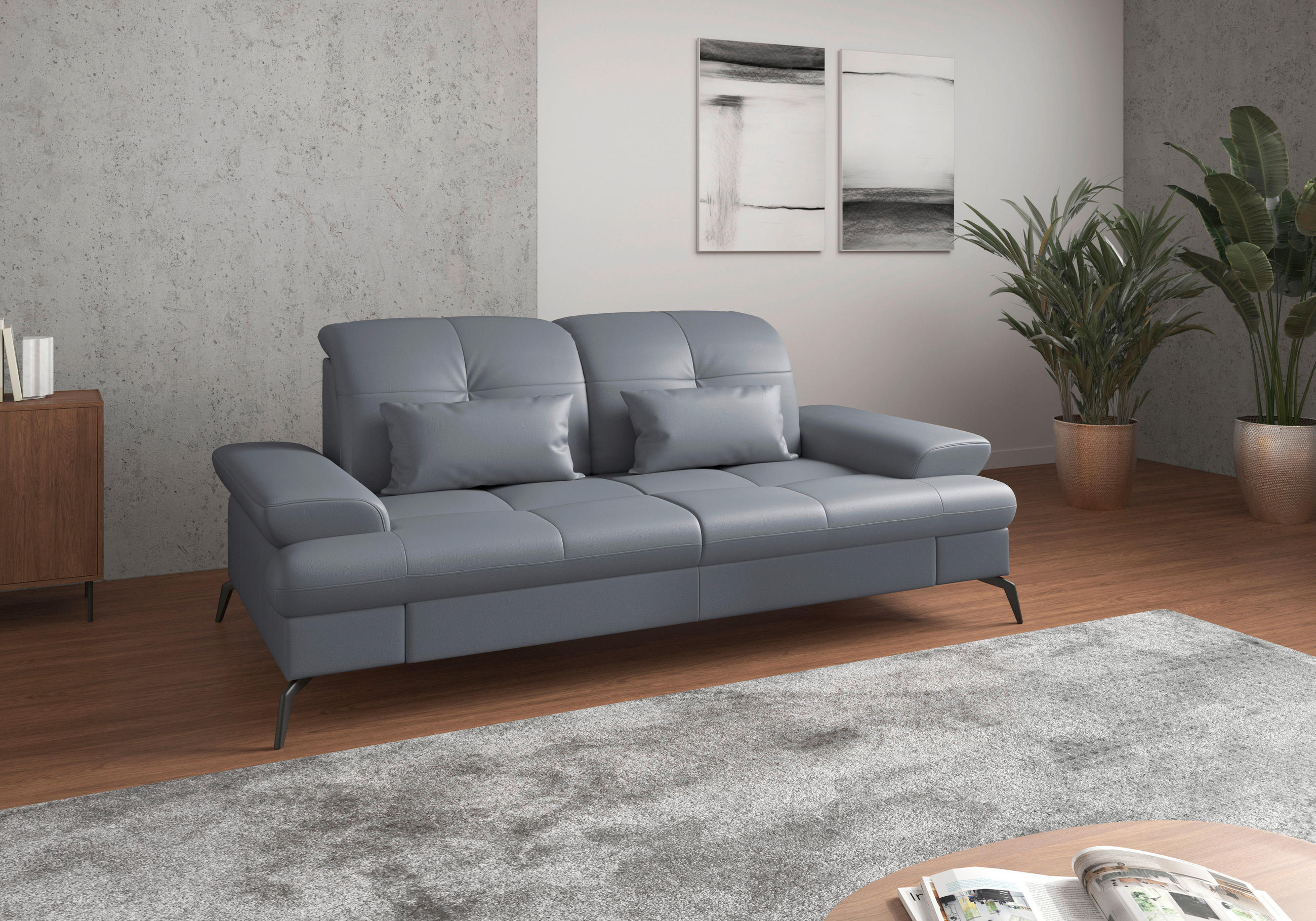 2,5-SITZER Graublau Echtleder  - Graublau/Schwarz, KONVENTIONELL, Leder/Metall (202/90/122cm) - Sit & More