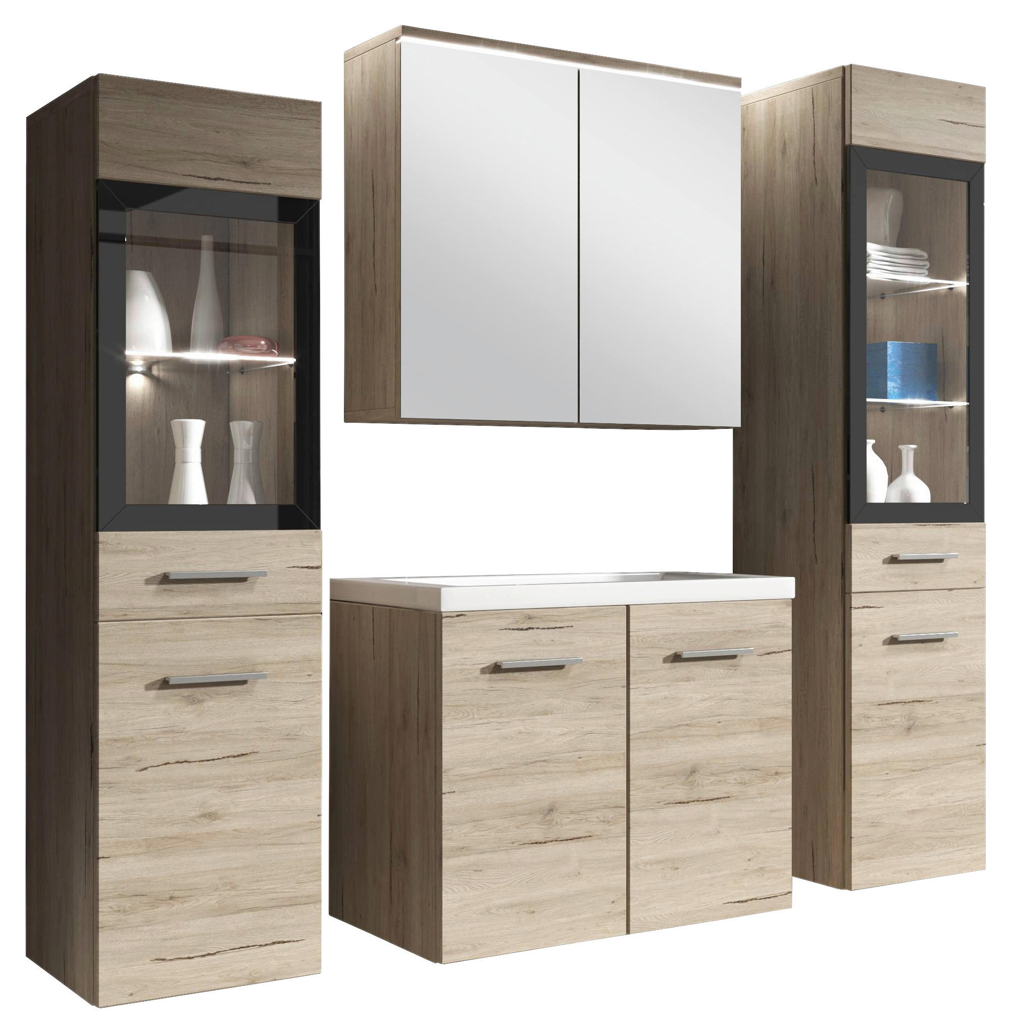 BADEZIMMER 5-teilig  in 120 cm  - Eiche San Remo/Weiß, Basics, Glas/Holzwerkstoff (120cm) - P & B