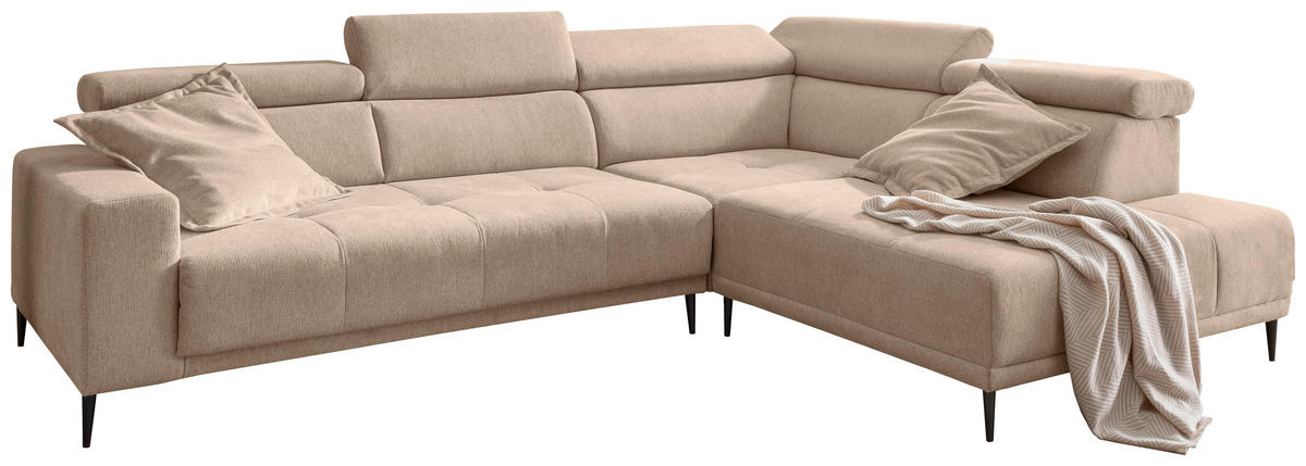 ECKSOFA INTERA Hellbraun Struktur Kopfteilverstellung, Sitzvorzug  - Hellbraun/Schwarz, KONVENTIONELL, Textil/Metall (305/225cm) - Livetastic