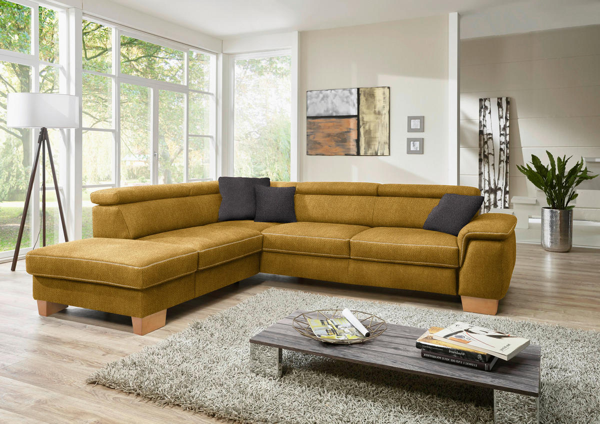 ECKSOFA in Mikrofaser Currygelb  - Currygelb/Eichefarben, Natur, Holz/Textil (226/273cm) - Beldomo System