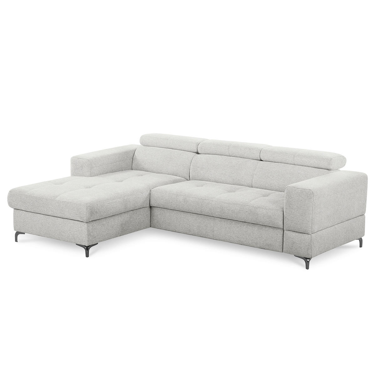 ECKSOFA TORINO Hellgrau Chenille Bettkasten, Kopfteilverstellung  - Schwarzchrom/Hellgrau, Design, Textil/Metall (173/247cm) - Livetastic