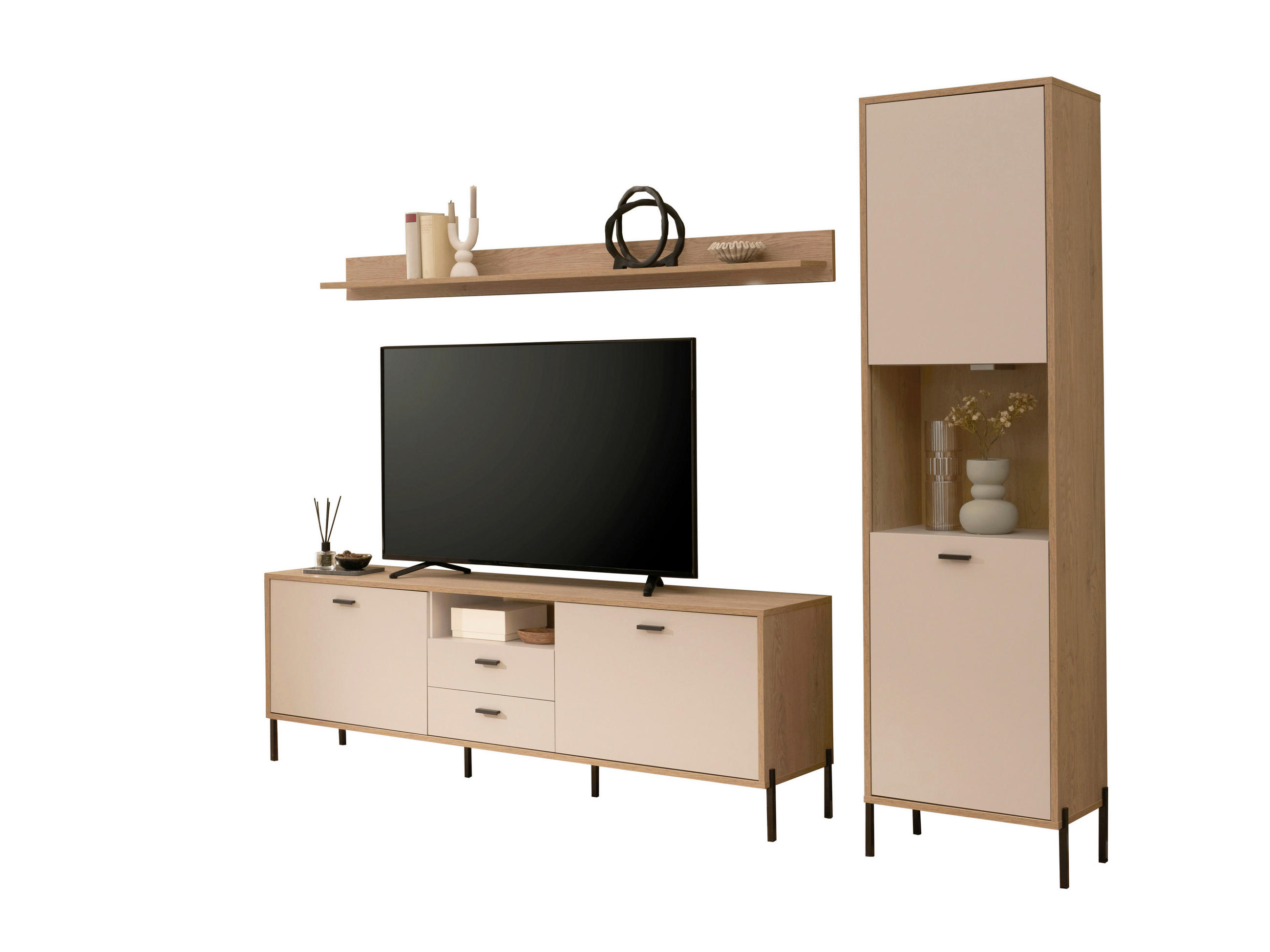 WOHNWAND 3-teilig  in Eichefarben, Kaschmir  259/206/40 cm    - Kaschmir/Eichefarben, Design, Holzwerkstoff/Metall (259/206/40cm) - MID.YOU