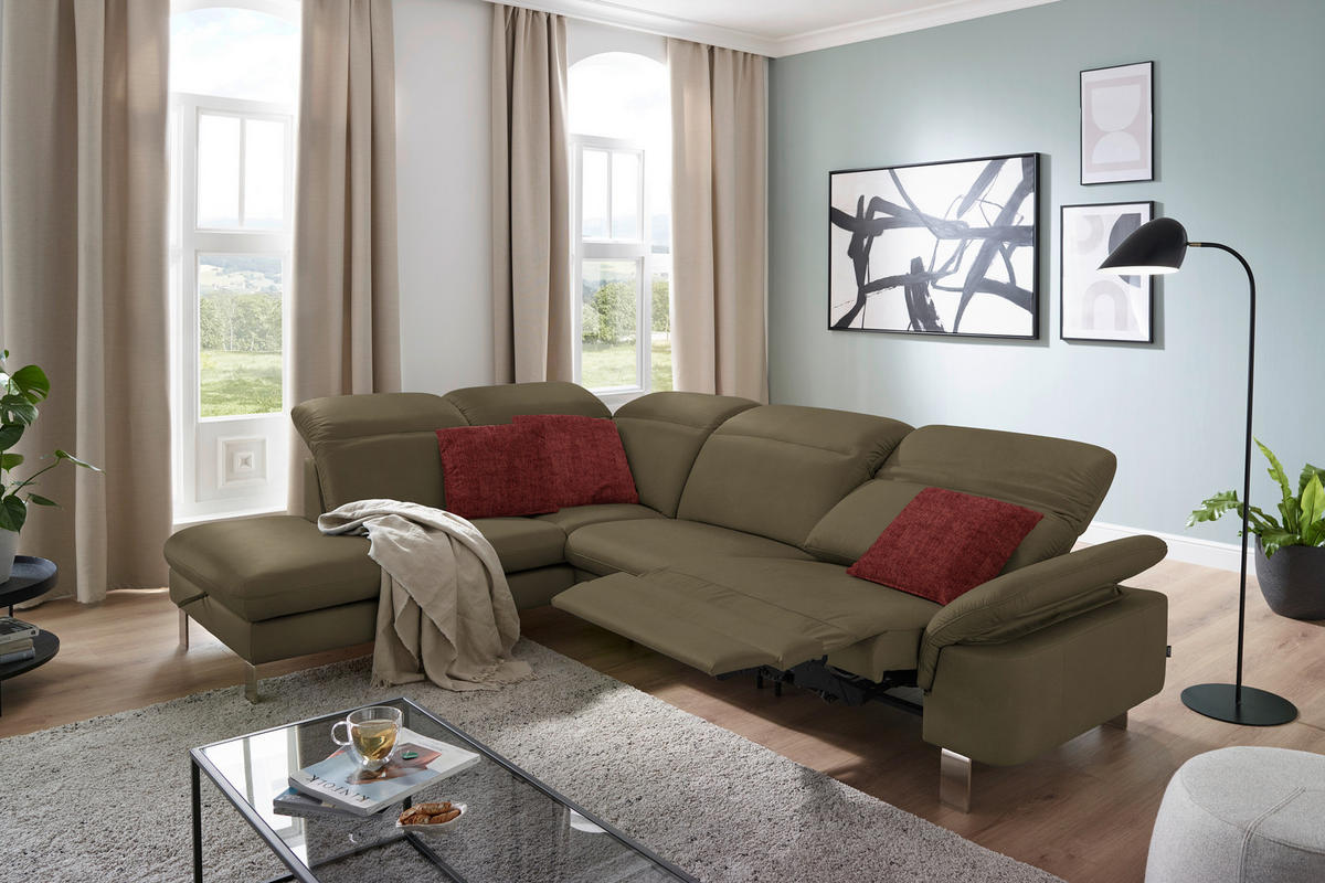 ECKSOFA in Echtleder Olivgrün  233/309 cm  - Edelstahlfarben/Olivgrün, Design, Leder/Metall (233/309cm) - Dieter Knoll
