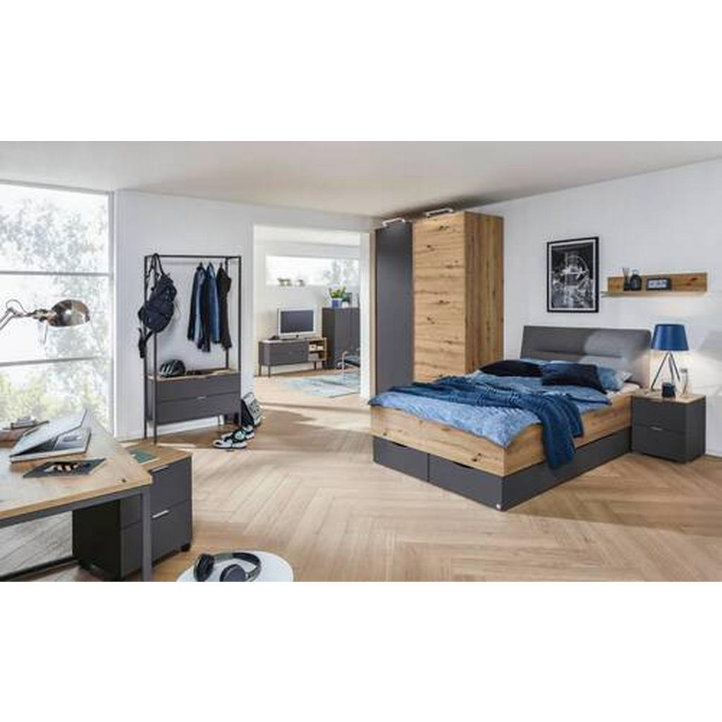 Thumbnail - Stylife Garderobe, Graphit, Eiche Artisan, Metall, Holzwerkstoff, 2 Schubladen, 84x177x42 cm, Blauer Engel, Goldenes M, ...