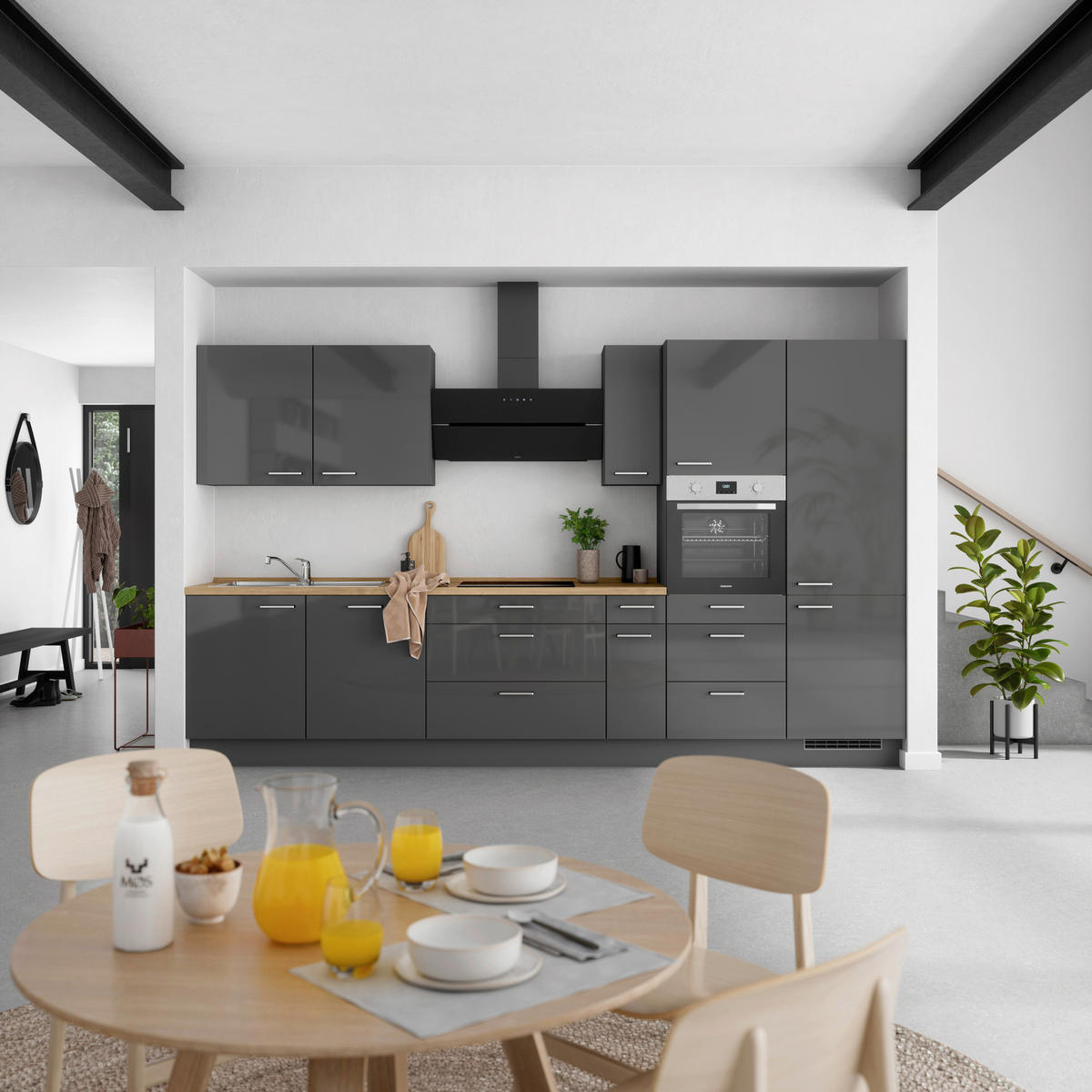 KÜCHENLEERBLOCK 360 cm   in Eichefarben, Schieferfarben  - Schieferfarben/Edelstahlfarben, MODERN, Holzwerkstoff/Metall (360cm) - Nobilia
