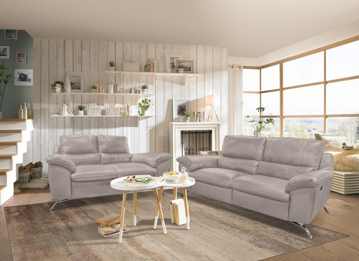 2,5-SITZER mit Relaxfunktion in Kombination Echtleder/Lederlook Grau  - Silberfarben/Grau, Design, Leder/Metall (216/97/95-151cm) - Livetastic