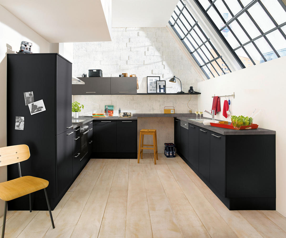 EINBAUKÜCHE   - Eichefarben/Schwarz, Design, Holzwerkstoff - Novel