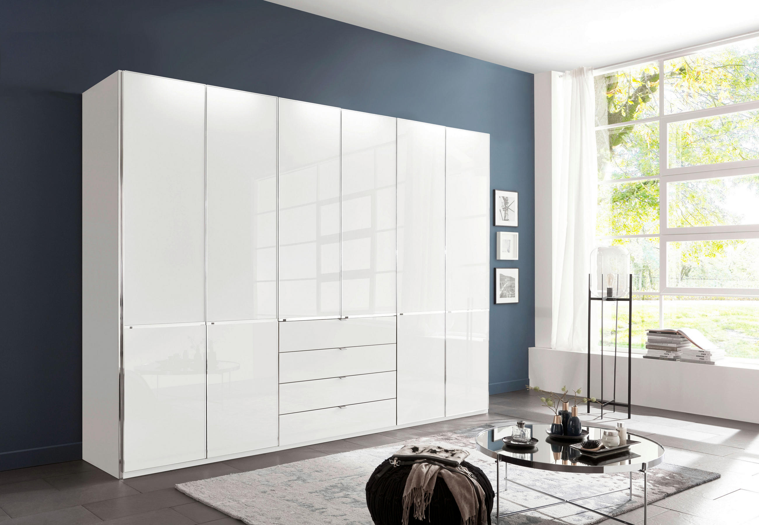 KLEIDERSCHRANK 300/216/62 cm 6-türig Weiß  - Chromfarben/Weiß, Design, Glas/Holzwerkstoff (300/216/62cm) - Novel