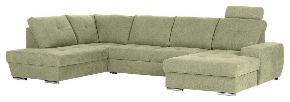 WOHNLANDSCHAFT in Flachgewebe Hellgrün  - Chromfarben/Hellgrün, Konventionell, Kunststoff/Textil (217/338/180cm) - Hom`in