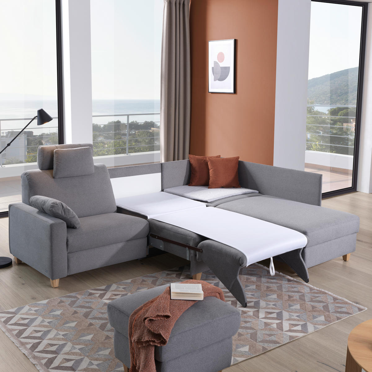 ECKSOFA in Flachgewebe Grau  261/203 cm  - Eichefarben/Grau, KONVENTIONELL, Holz/Textil (261/203cm) - Sedda