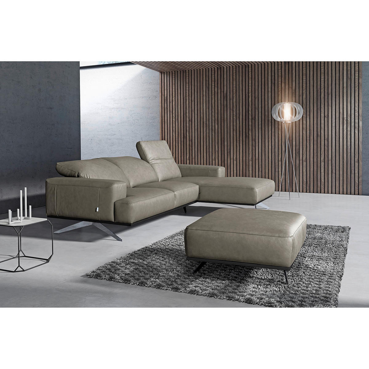 HOCKER in Leder Grau  - Chromfarben/Grau, Design, Leder/Metall (95/46/80cm) - Livetastic