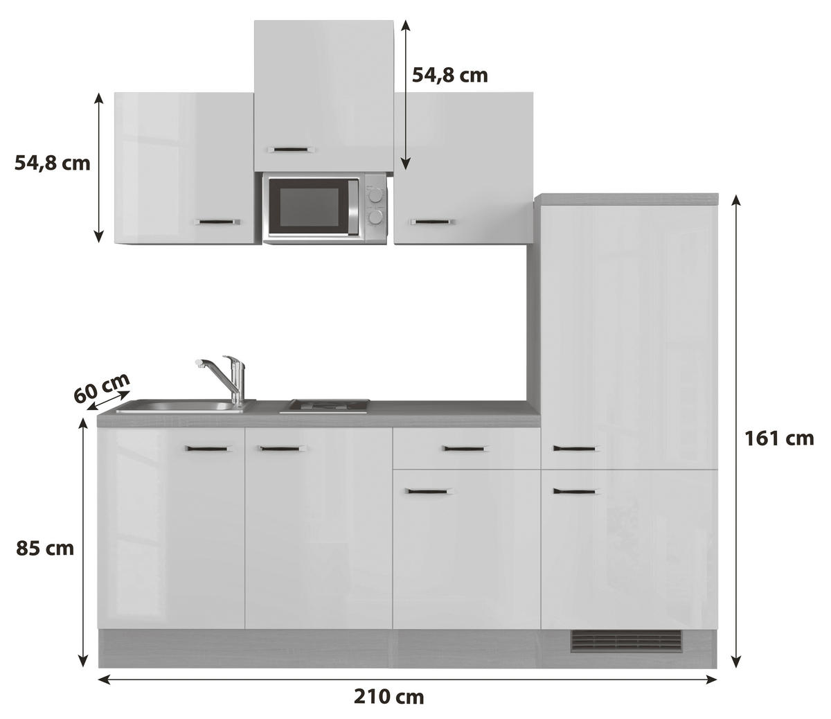 KÜCHENBLOCK 210 cm   in Sonoma Eiche, Weiß Hochglanz  - Edelstahlfarben/Weiß Hochglanz, MODERN, Holzwerkstoff/Metall (210cm) - FlexWell