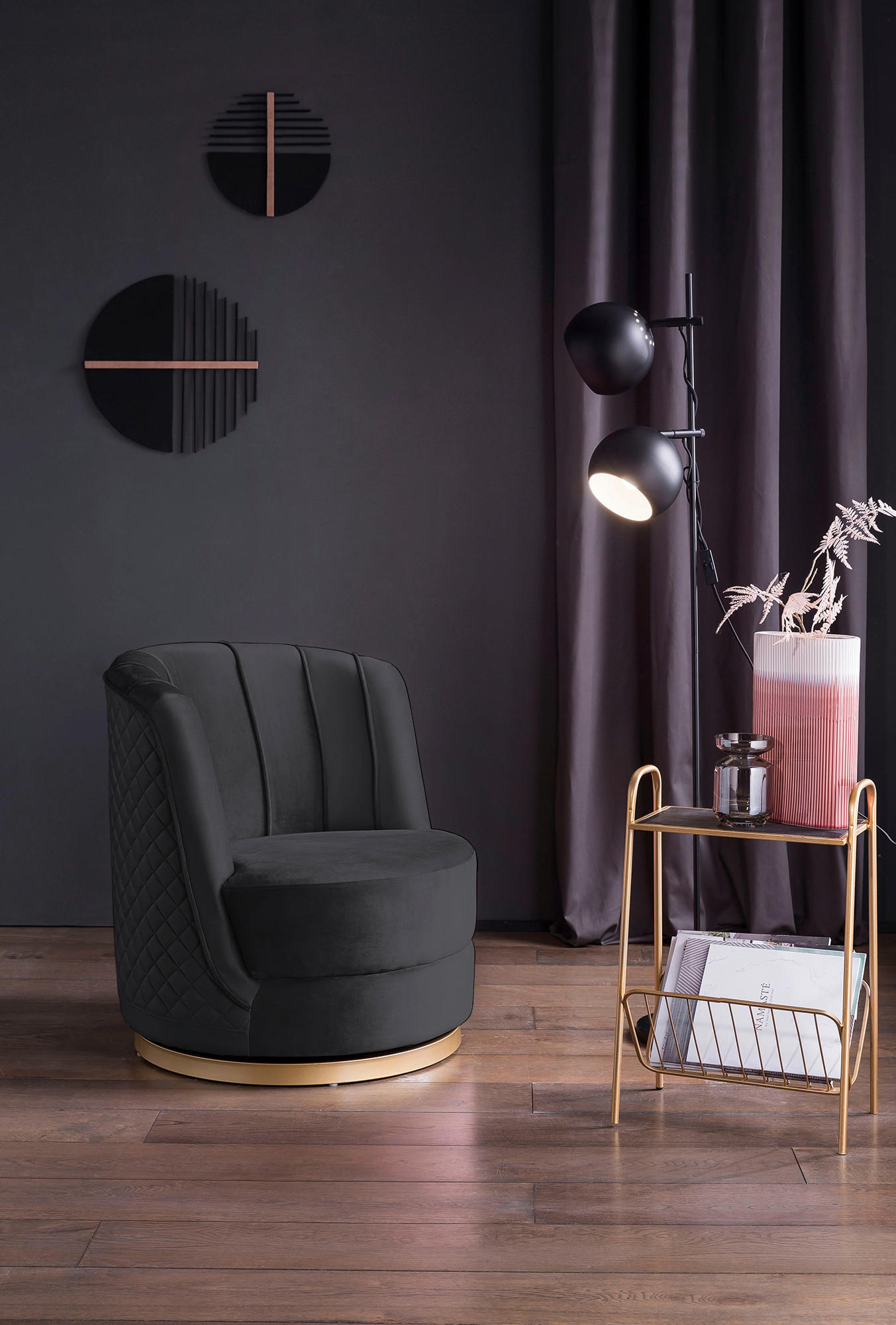 SESSEL in Samt Schwarz  - Goldfarben/Schwarz, MODERN, Textil/Metall (68/77/57cm) - Livetastic