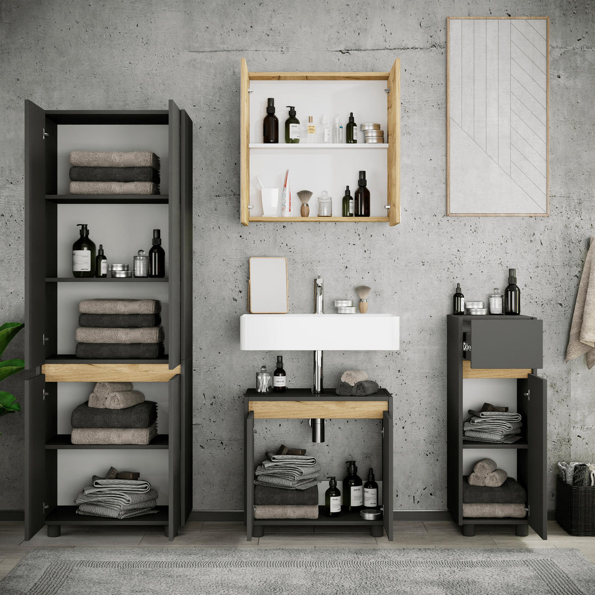BADEZIMMER 4-teilig  in 154 cm  - Honigeiche/Anthrazit, Trend, Holzwerkstoff/Kunststoff (154cm) - MID.YOU