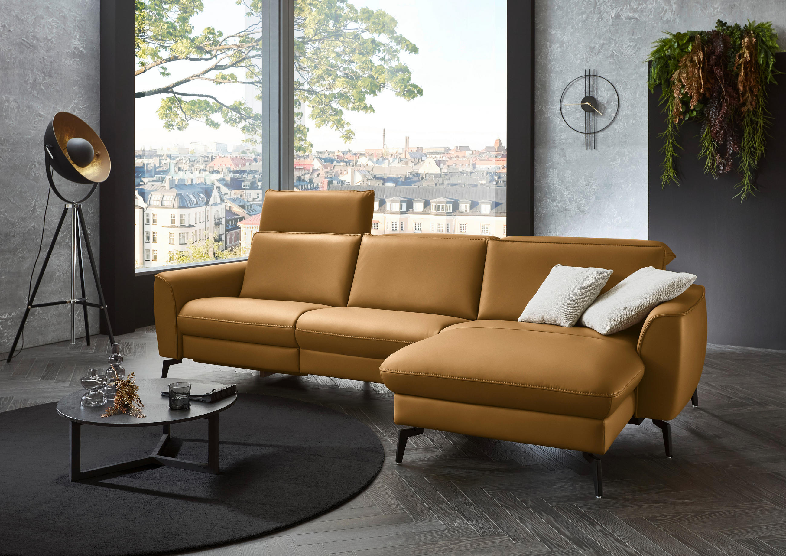 ECKSOFA in Echtleder Currygelb  - Currygelb/Schwarz, Natur, Leder/Metall (281/168cm) - Valdera