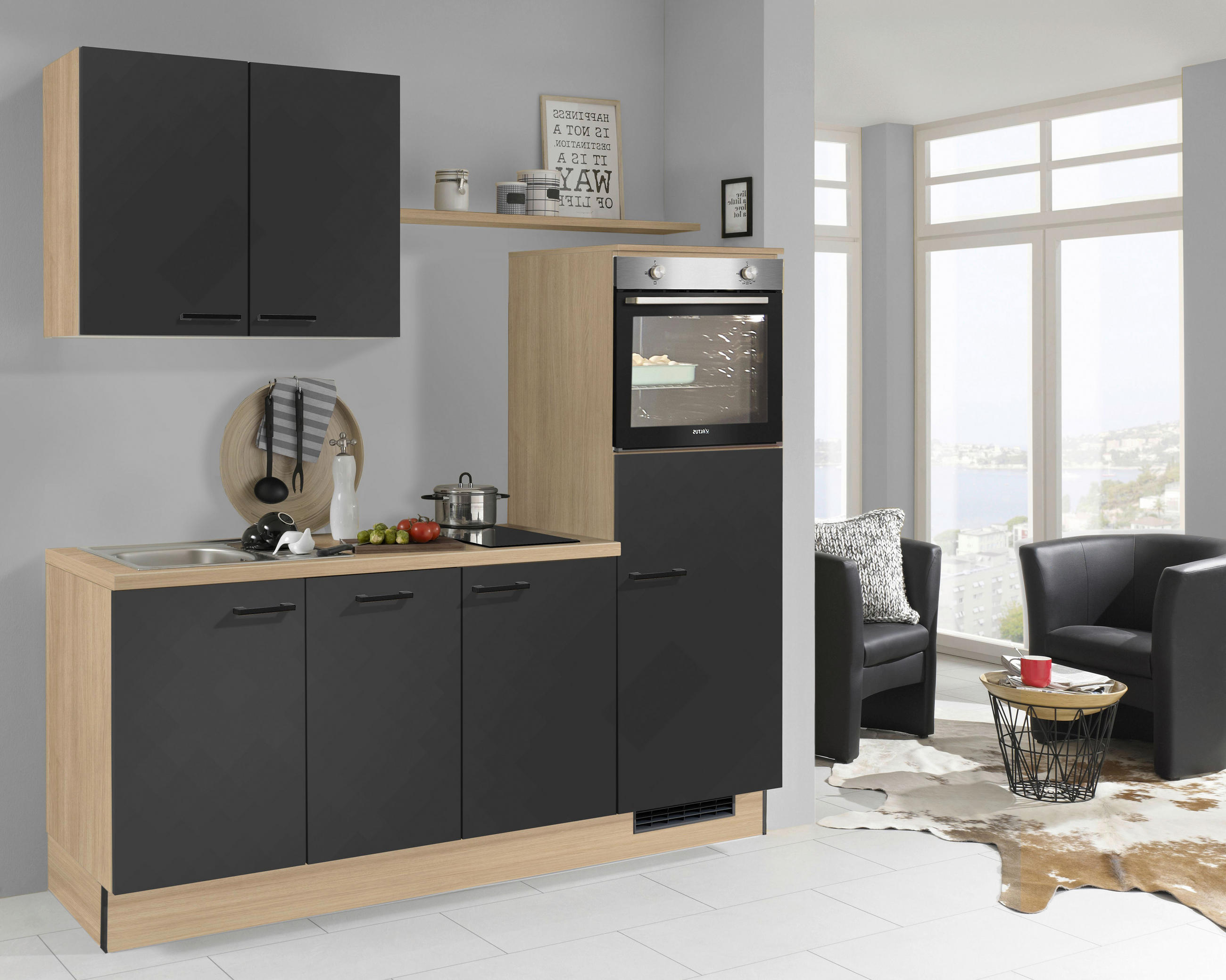 KÜCHENBLOCK 205 cm   in Graphitfarben, Eichefarben  - Edelstahlfarben/Eichefarben, Design, Holzwerkstoff/Metall (205cm) - Xora