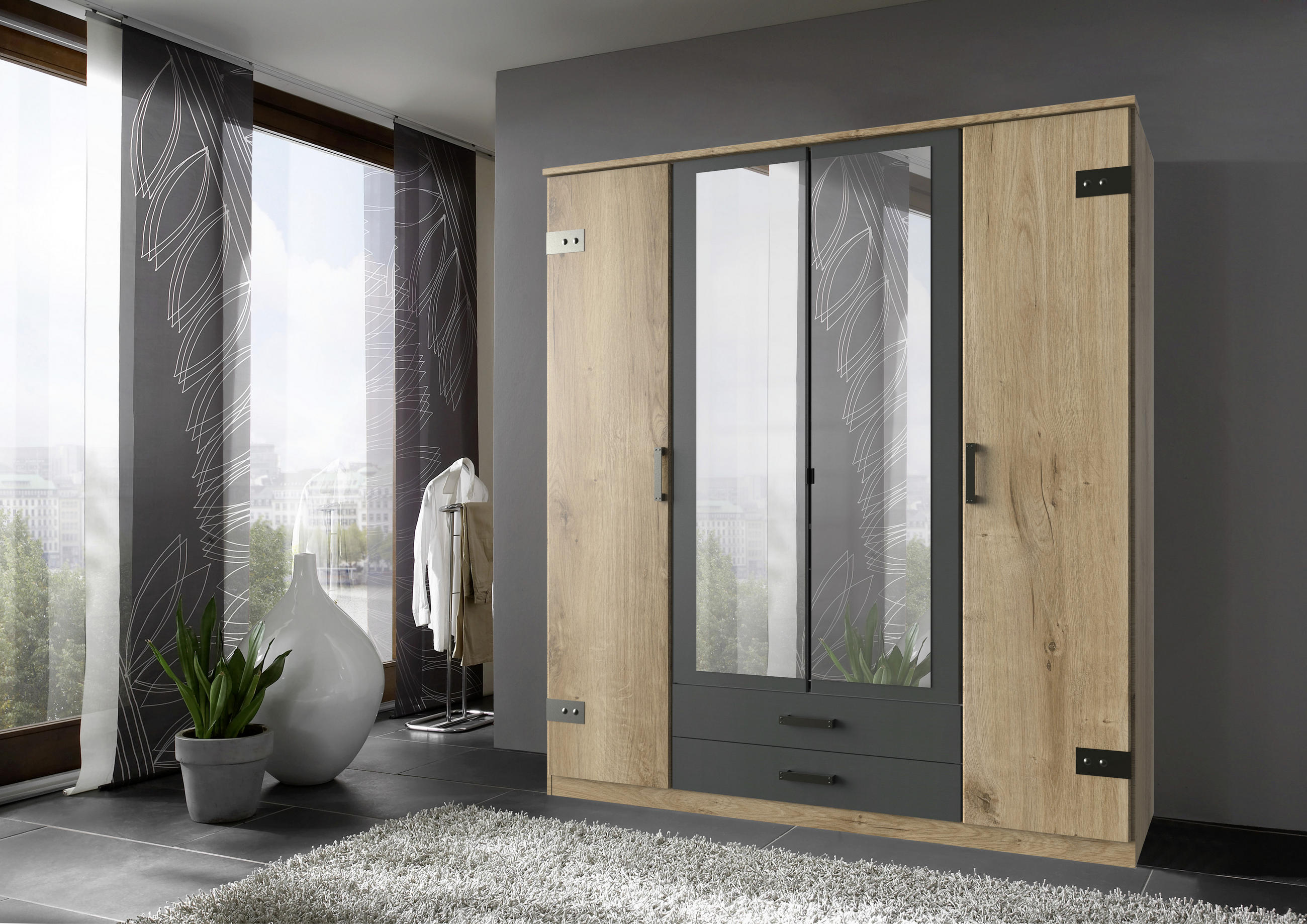 KLEIDERSCHRANK 4-türig Graphitfarben, Plankeneiche  - Plankeneiche/Eichefarben, Trend, Glas/Holzwerkstoff (180/199cm) - Carryhome