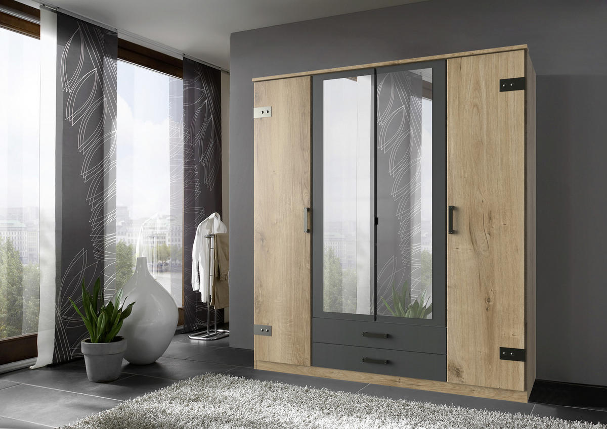 KLEIDERSCHRANK 4-türig Graphitfarben, Plankeneiche  - Plankeneiche/Eichefarben, Trend, Glas/Holzwerkstoff (180/199cm) - Carryhome