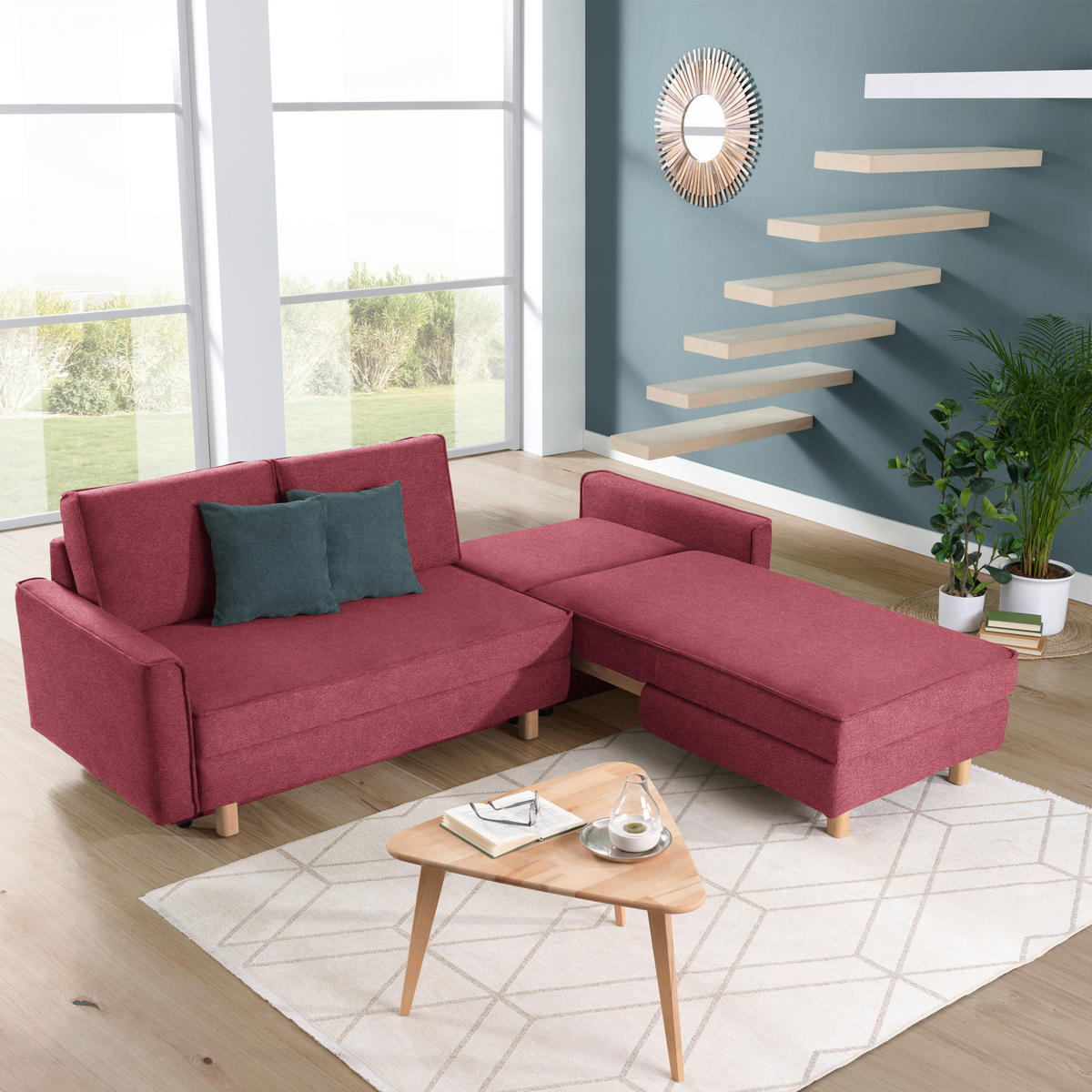 ECKSOFA in Chenille Bordeaux  237/170 cm  - Eichefarben/Bordeaux, KONVENTIONELL, Holz/Textil (237/170cm) - Sedda