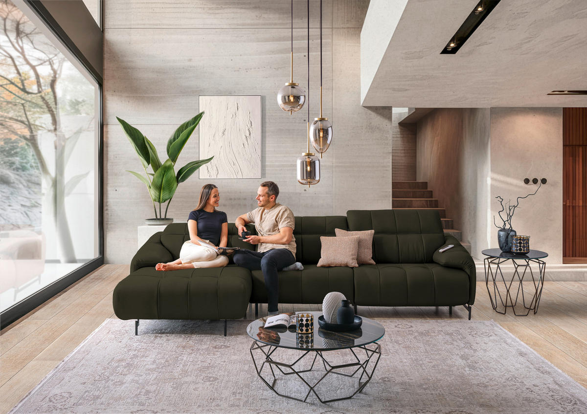 ECKSOFA in Echtleder Olivgrün  165/313 cm  - Beige/Schwarz, Design, Leder/Metall (165/313cm) - Belluti