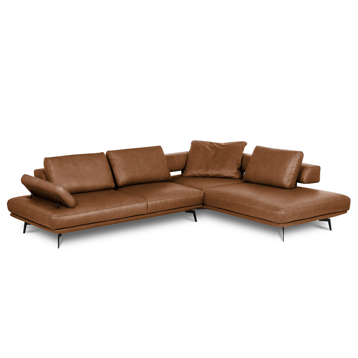 ECKSOFA Cognac Echtleder  - Cognac/Schwarz, Design, Leder/Metall (306/237cm) - Livetastic